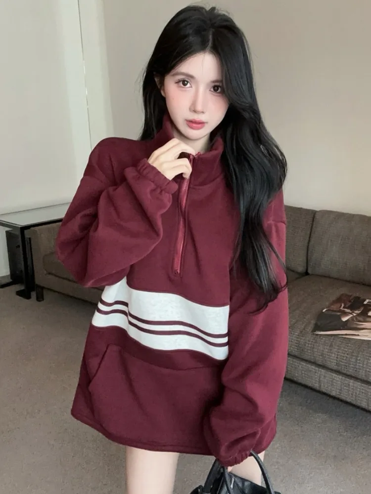 

Korean Style Fleece Lined Loose Long Sleeve Hoodie Women's Autumn Winter Baseball Jacket Outerwear Top Color Block Collar