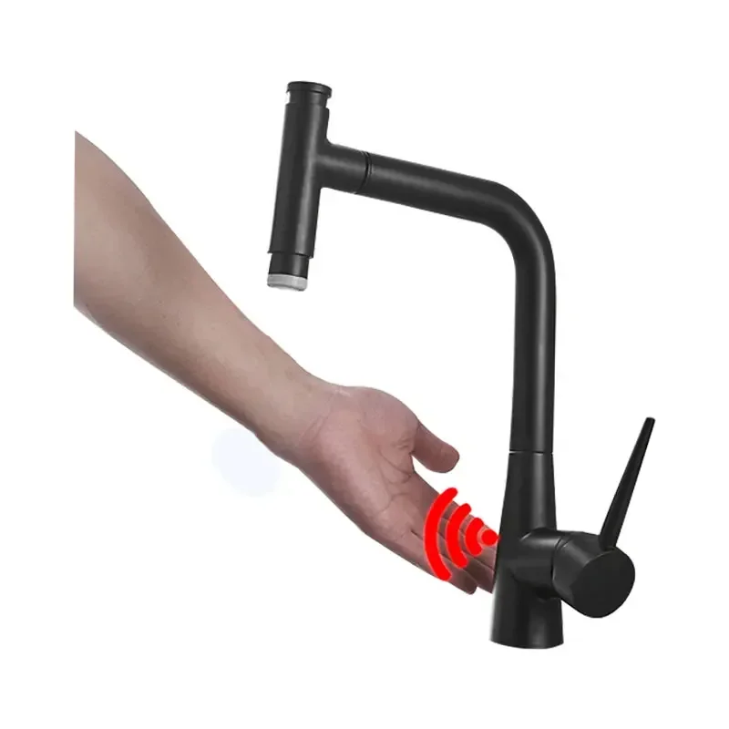 New Arrival Single Handle Automatic Pull Down Kitchen Tap Mixer Brass Materials Black Brushed Touch Sensor 3 Mode Faucet