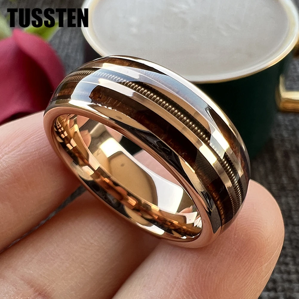 TUSSTEN 8MM różowo-złoty pierścionek struna gitarowa mężczyźni kobiety obrączka ślubna z wolframu prawdziwe drewno Inlay moda poślubić biżuterię