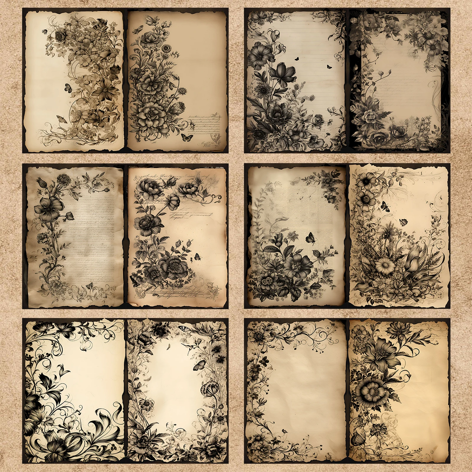 10 Sheets A5 Size Vintage Gothic Dark Lace Flowers Background Vintage Grunge Journal Planning Scrapbooking