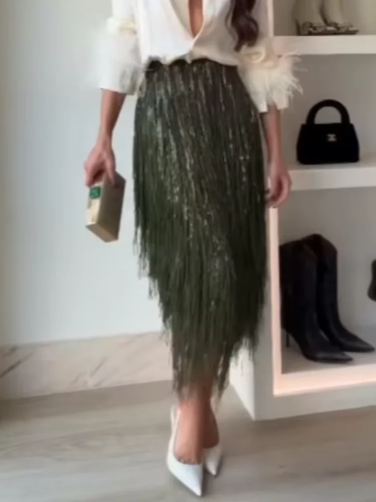 

Модная зеленая юбка с кисточками и блестками, женские длинные юбки трапециевидной формы с высокой талией, женская осень-зима 2021, новая женская праздничная одежда