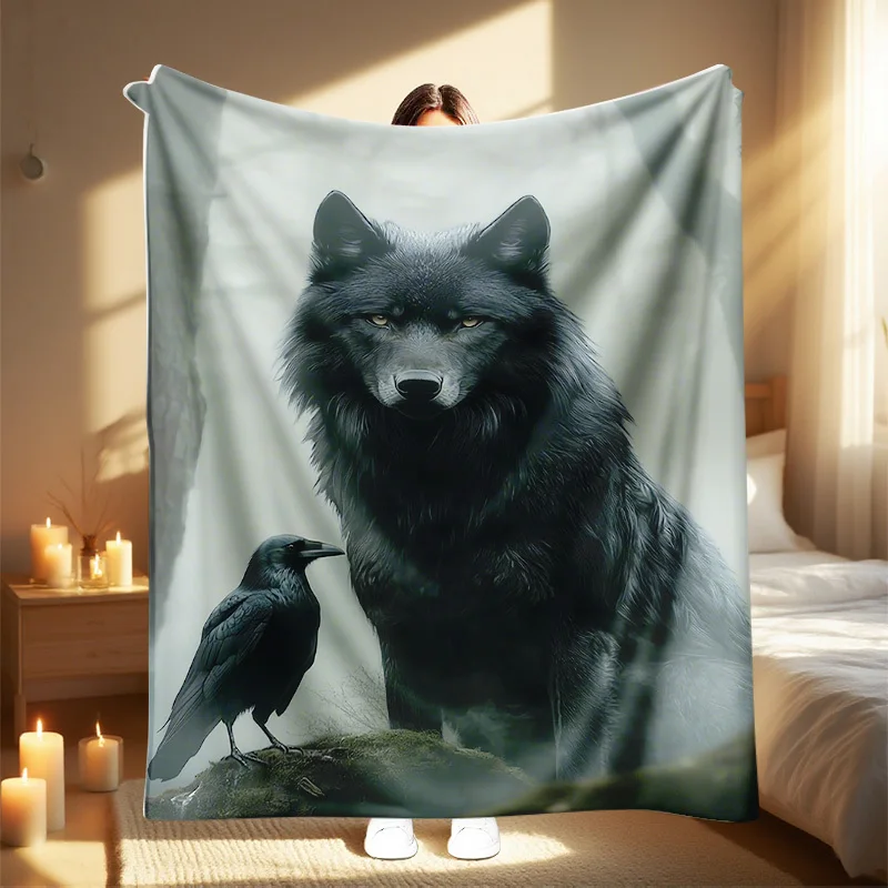 1pc 2025 New Gary the Wolf and Raven Print Throw Blanket, Soft & Warm for Sofa, Bed, Office Home Decor or Travel - Perfect Hallo