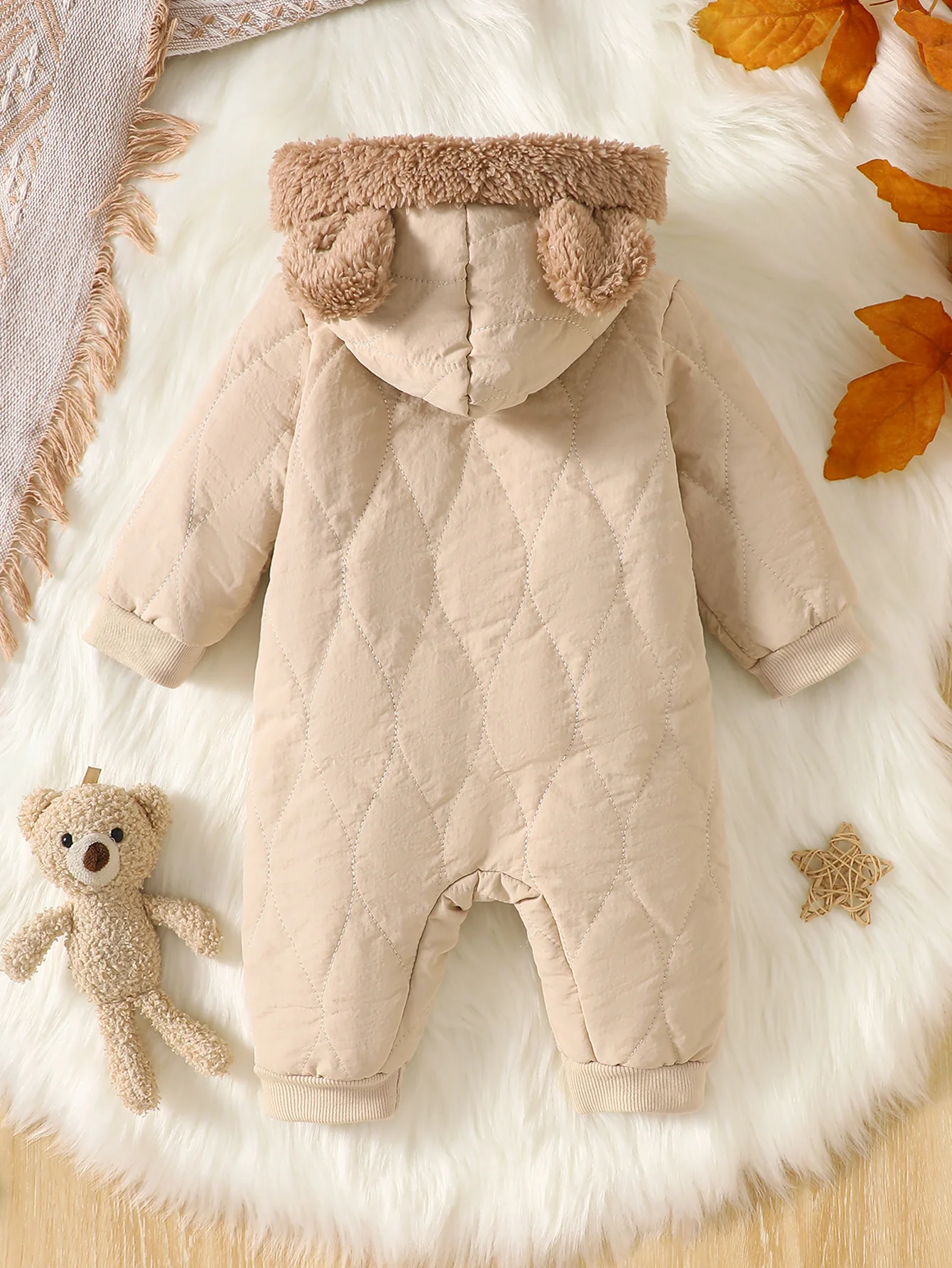 IURNXB Baby Bear Hooded Jumpsuit Infant Warm Fleece Lined Winter Romper Newborn Outfit Onepiece Holiday Wear 1-18M