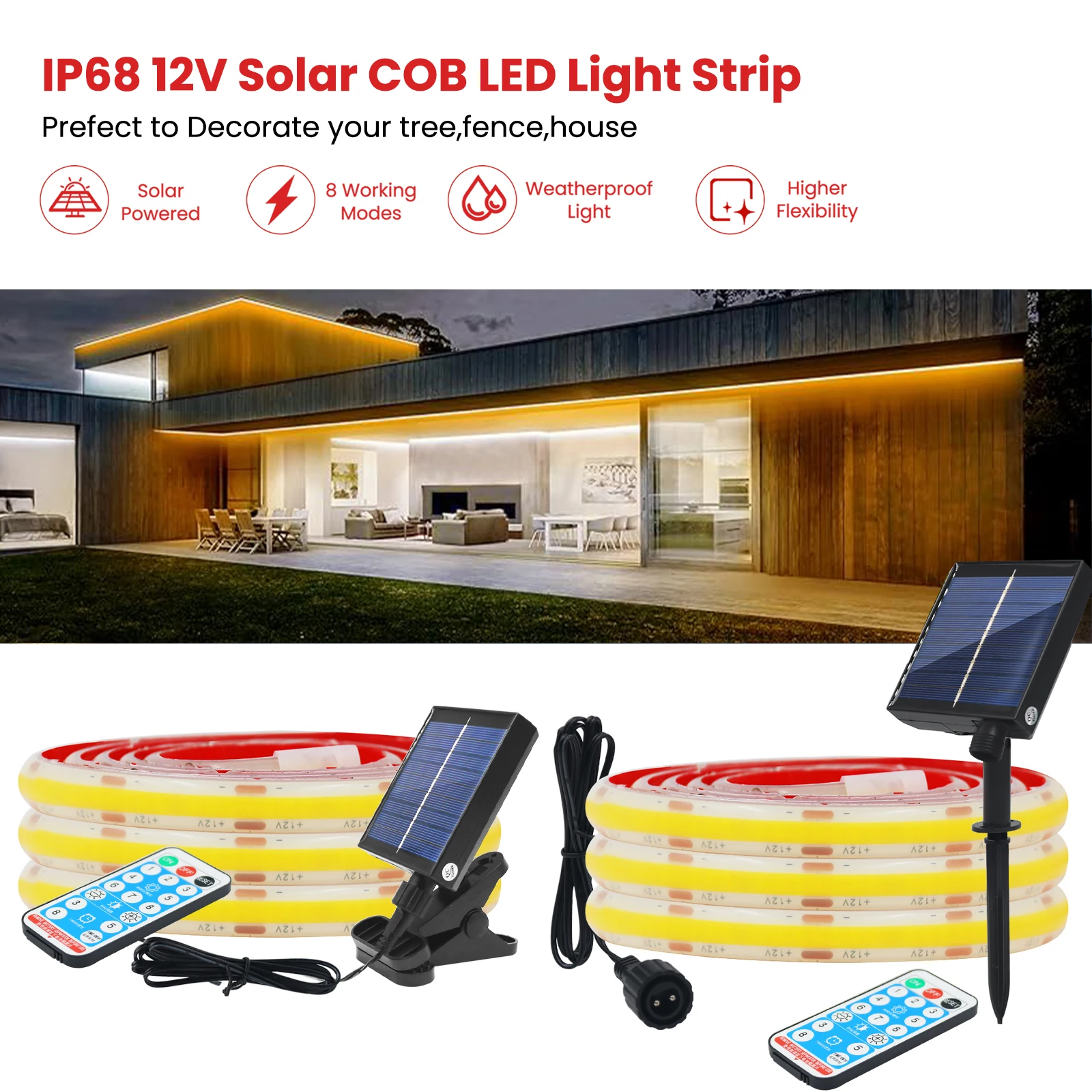 IP68 wodoodporny zasilany energią słoneczną pasek COB LED 12V 320Leds/m wysokiej gęstości Ra90 z elastycznym ściemnianiem taśma oświetlająca LED