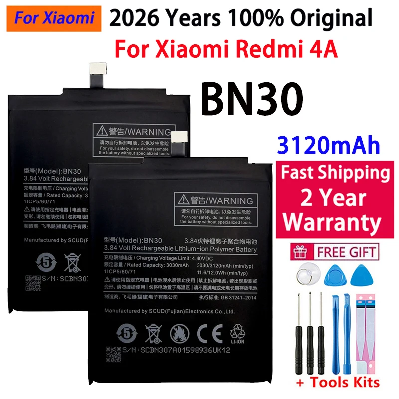 

2026 Years 100% Original high quality Original Battery BN30 For Xiaomi Redmi 4A Redrice Hongmi 4A Mobile Phone Bateria Batteries