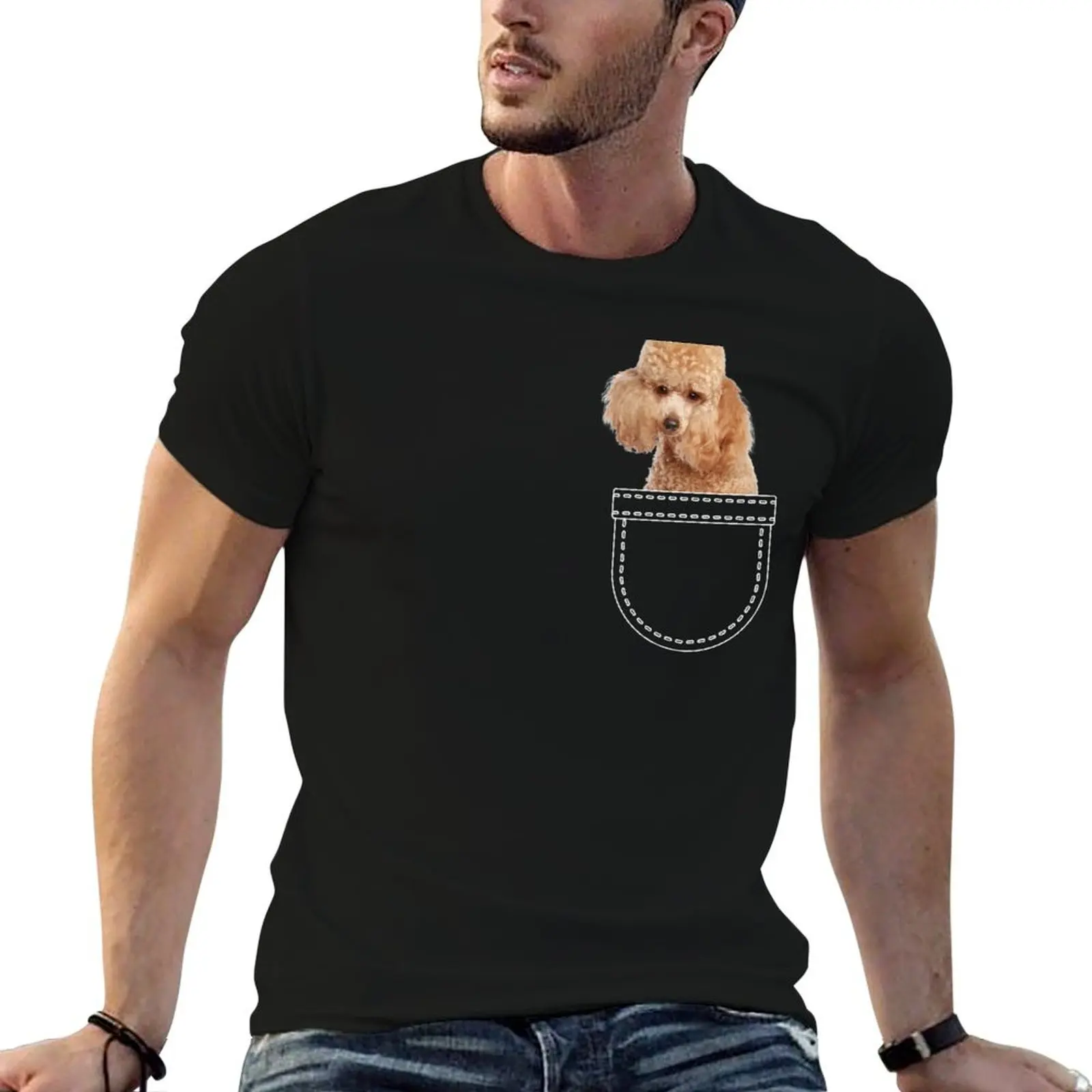 Puppy in a pocket. Apricot poodle puppy in a pocket. Funny, cute photo and line drawing pocket T-Shirt Halloween Theme T-Shirt