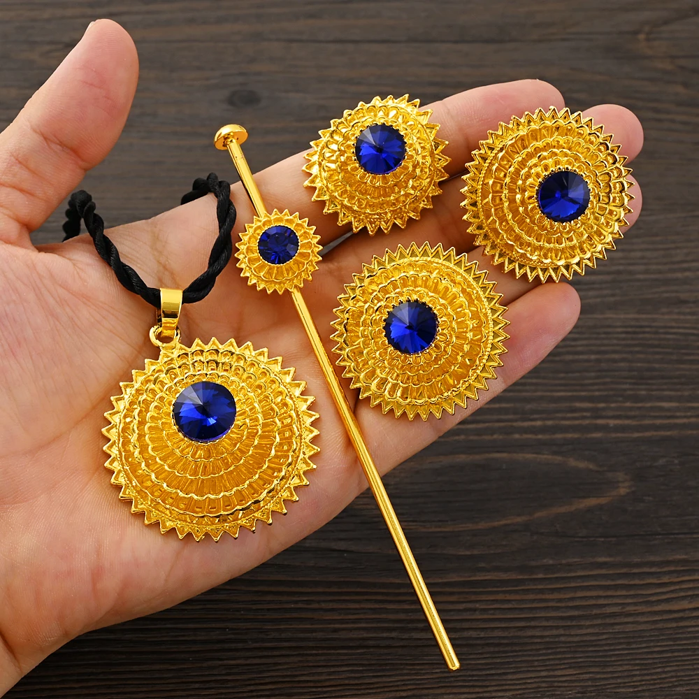 Ethiopian Traditional Blue Stone Gold Color Bridal Jewelry Set Necklace Earrings Ring Hairpain Gifts Wedding Jewellery For Women