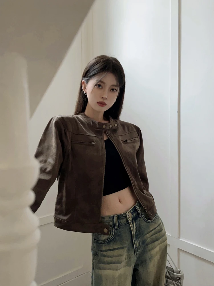 Automne 2025 nouveau Sle Hot Girl Slim Fit américain rétro marron peau de cerf velours cuir Jaet femmes ort moto Jaet