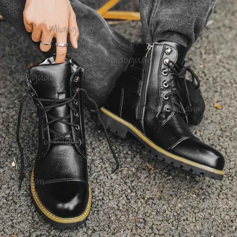 Fashion Cool Men's Boots Leather Ankle Boots Metal Double Zipper Motorcycle Booties Retro High Top Male Shoes Outdoor Footwears