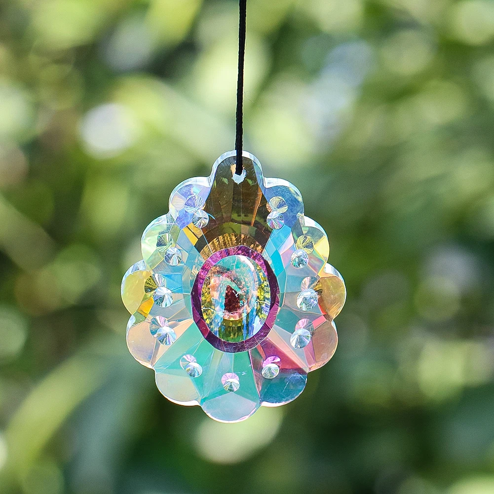 63mm Peacock Tails Glass Crystal Sparkling Multifaceted Prisms Sun Catcher Chandelier Component Necklace Dangle Part Accessory