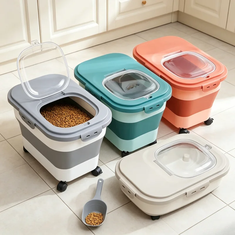 Container Colapsável para Armazenamento de Ração para Gatos e Cães de 13/33LB, Caixa de Ração Seca com Tampa para Grãos e Arroz na Cozinha