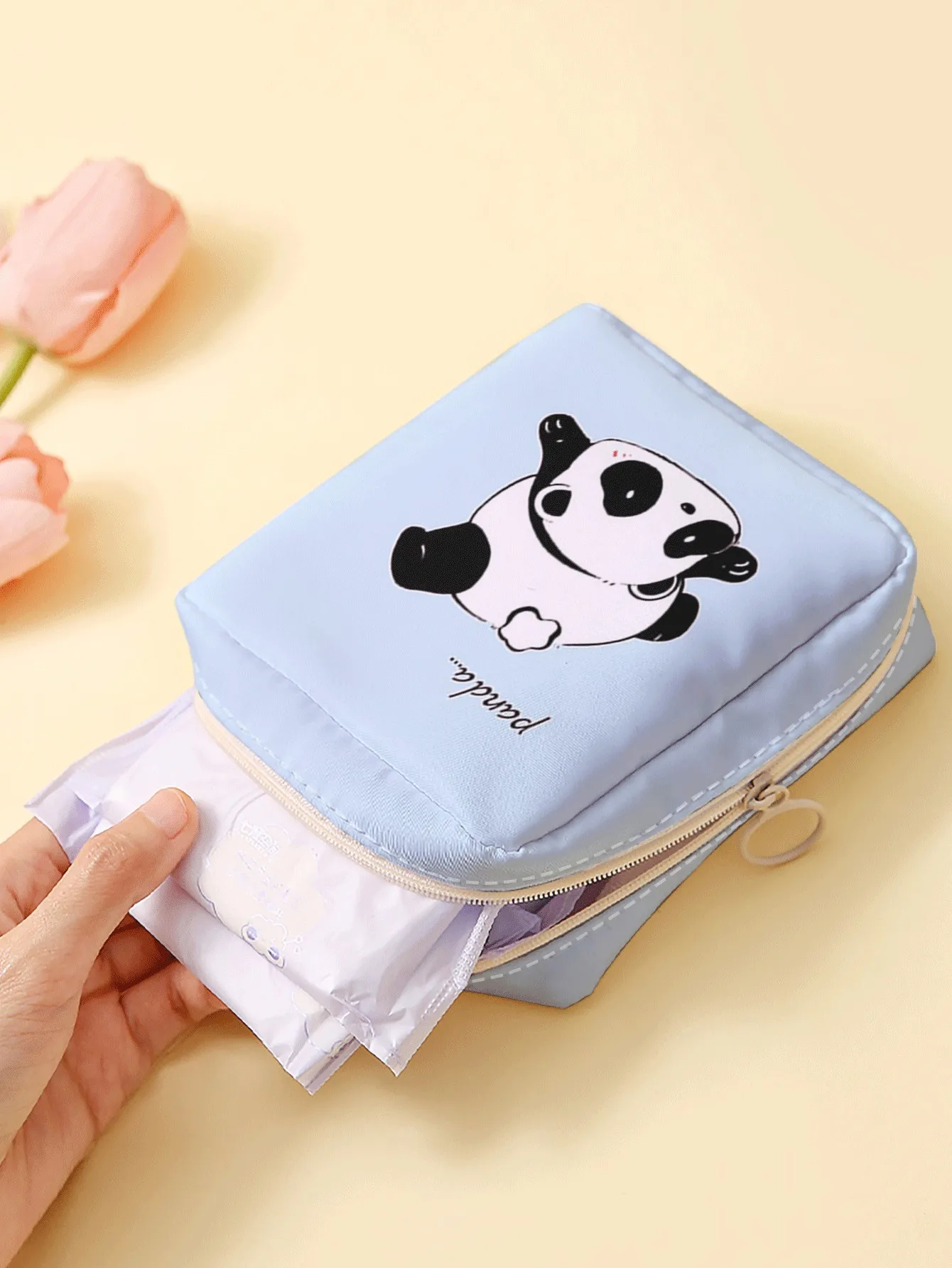 1pc, Cute Cartoon Panda Printed Sanitary Napkin Storage Bag Portable Mini Makeup Pouch suitable for Daily Travel Shopping