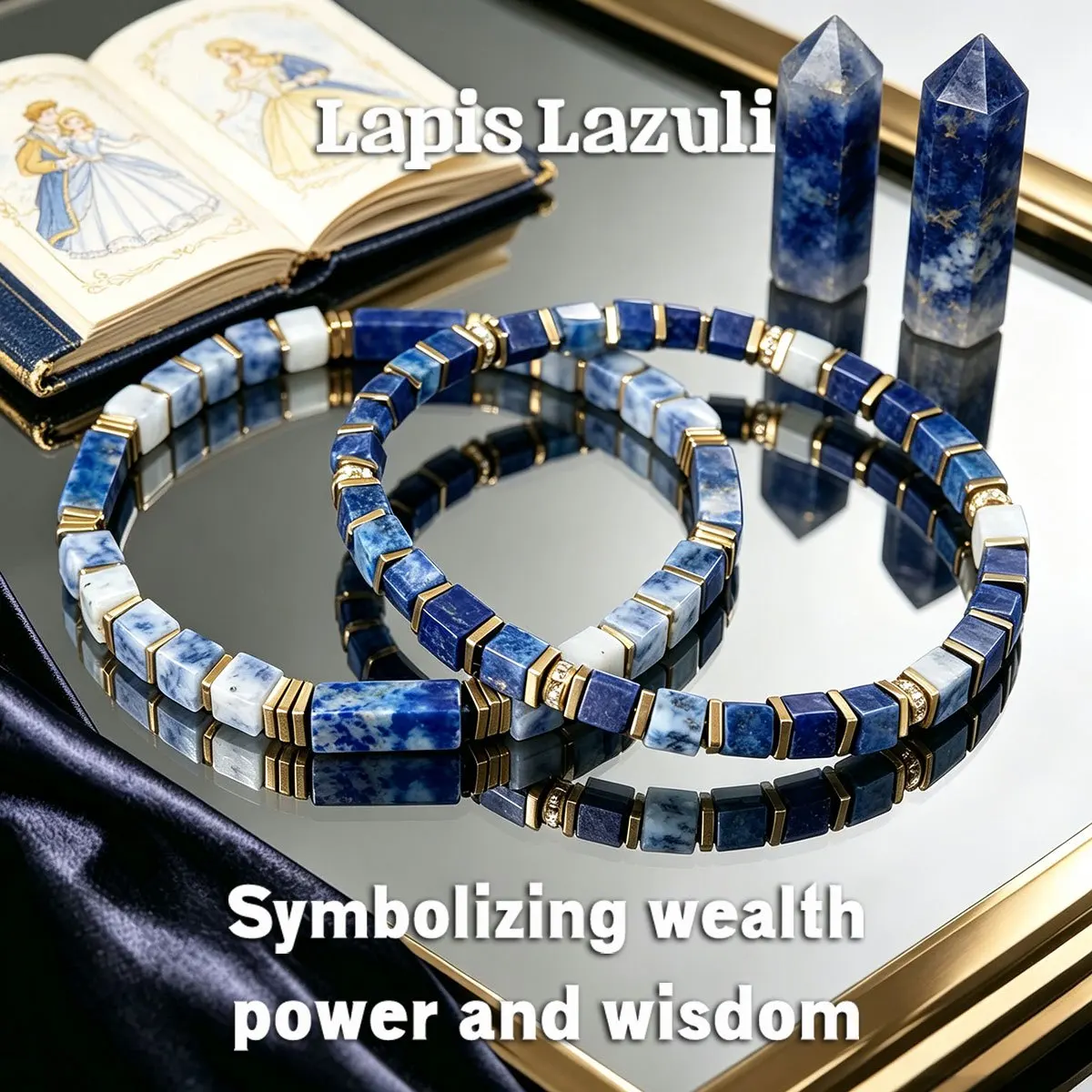 2pcs Blue gold stone sodium stone 5mm square bead braceletsymbolizing wealth and wisdom,suitable for daily wear by men and women