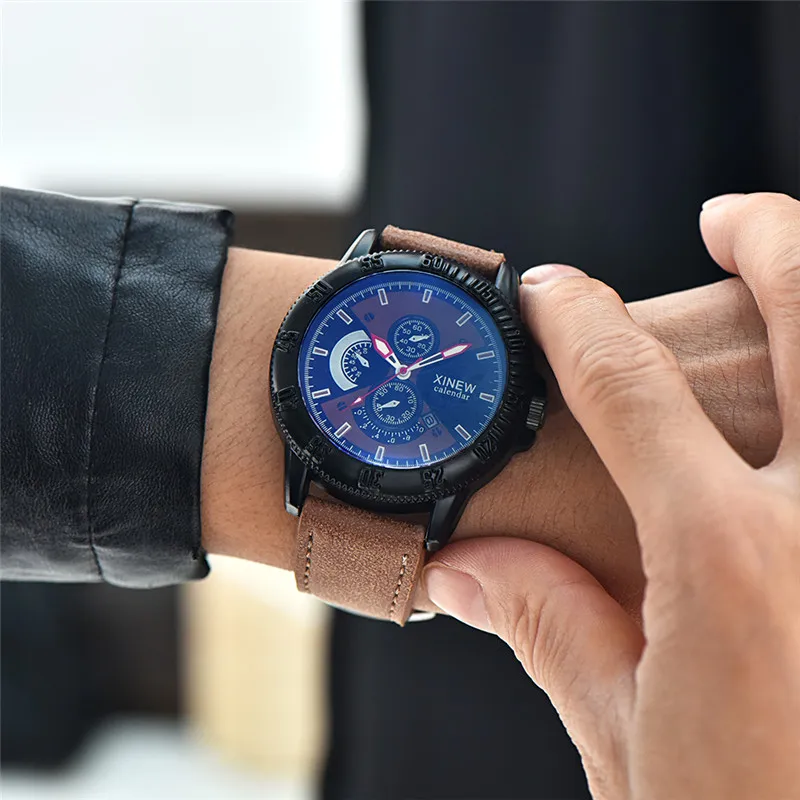 Reloj Hombre XINEW Brand Boys Watches Men Students Fashion Leather Band Date Quartz Wrist Watch Relogio Masculino Montre Homme