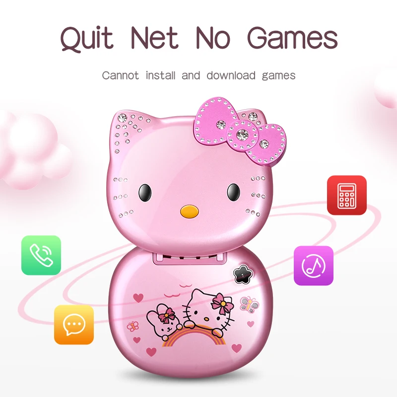 Hello Kitty Cute Mini Mobile Phone with Flip Cartoon No Lock Children Dual Card Mobile Phone with Gift Cat Head Bag Lanyard