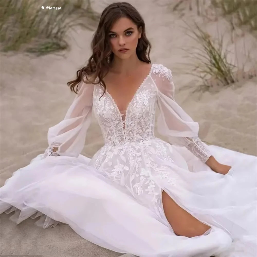 Marissa a linha de tule elegante vestidos de festa para casamento mulher rendas flores feito sob encomenda vestido de baile com decote em v mangas compridas vestidos de baile
