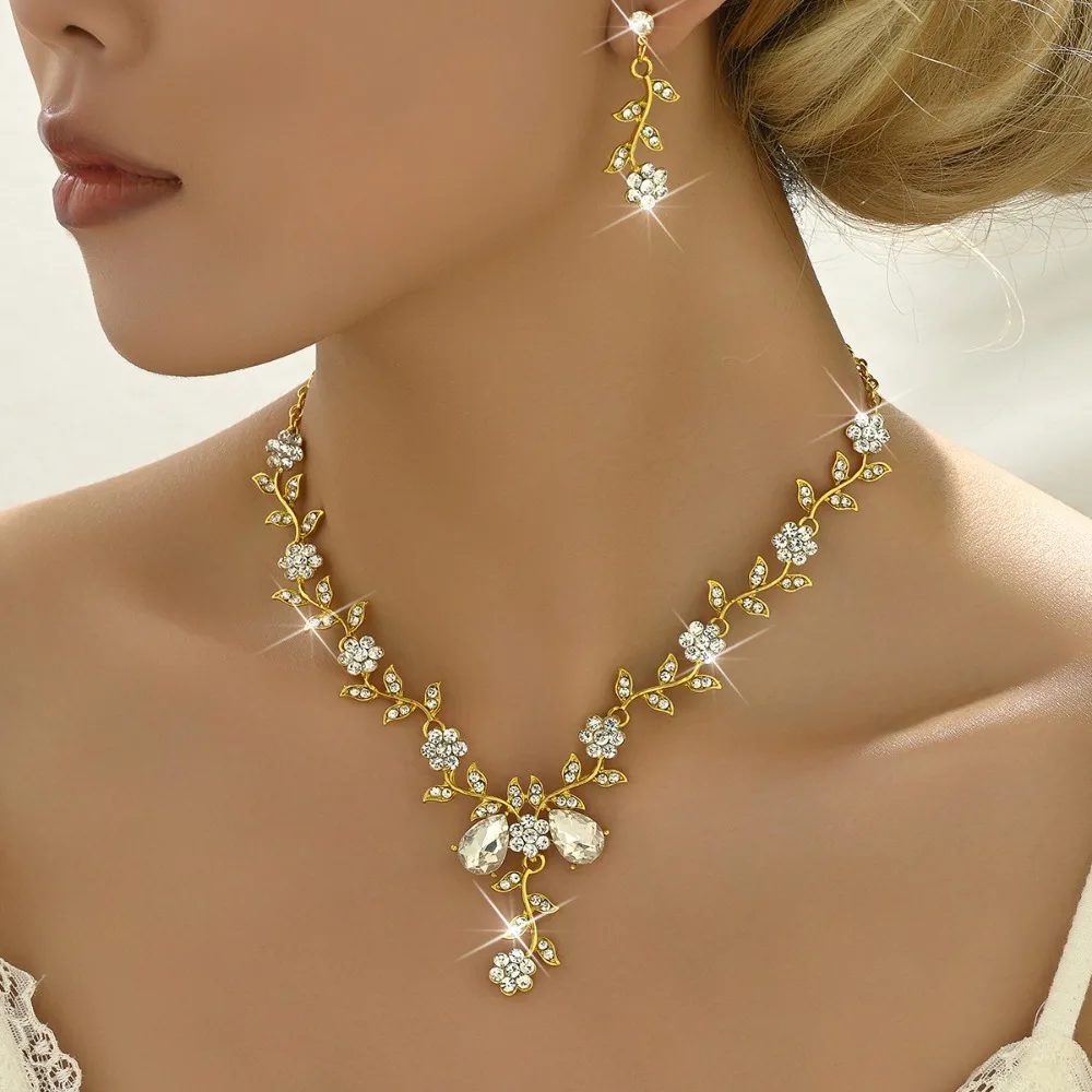 

Floral Vine Jewelry Set for Women Sparkling Rhinestones Elegant Flower Design Necklace and Earrings Bridal Wedding Prom Dresses