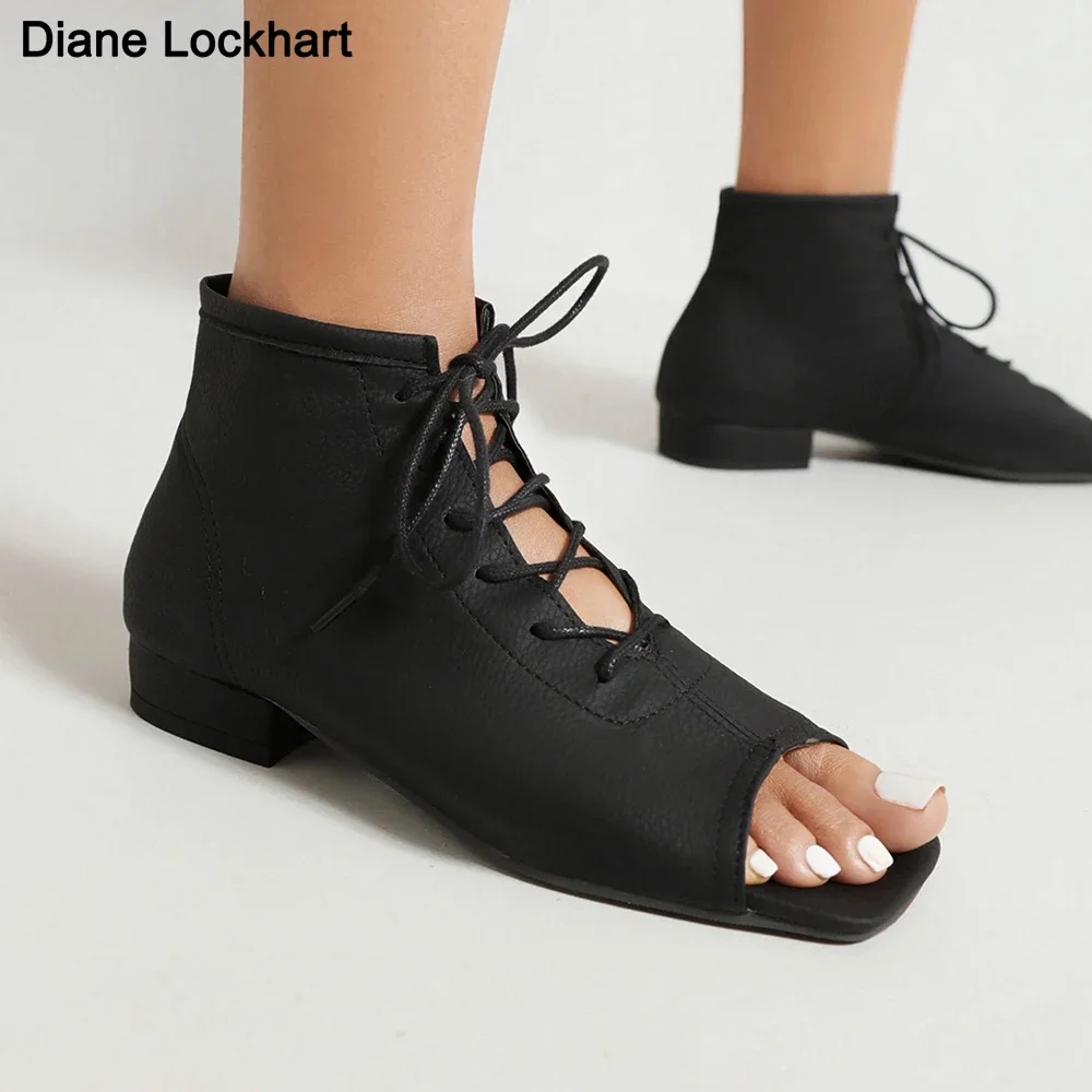 

Spring Autumn Lace up Shoes Ladies Fashion Low Heel Boots Female Square Heel Peep Toe Booties For Woman Casual Flats chaussures