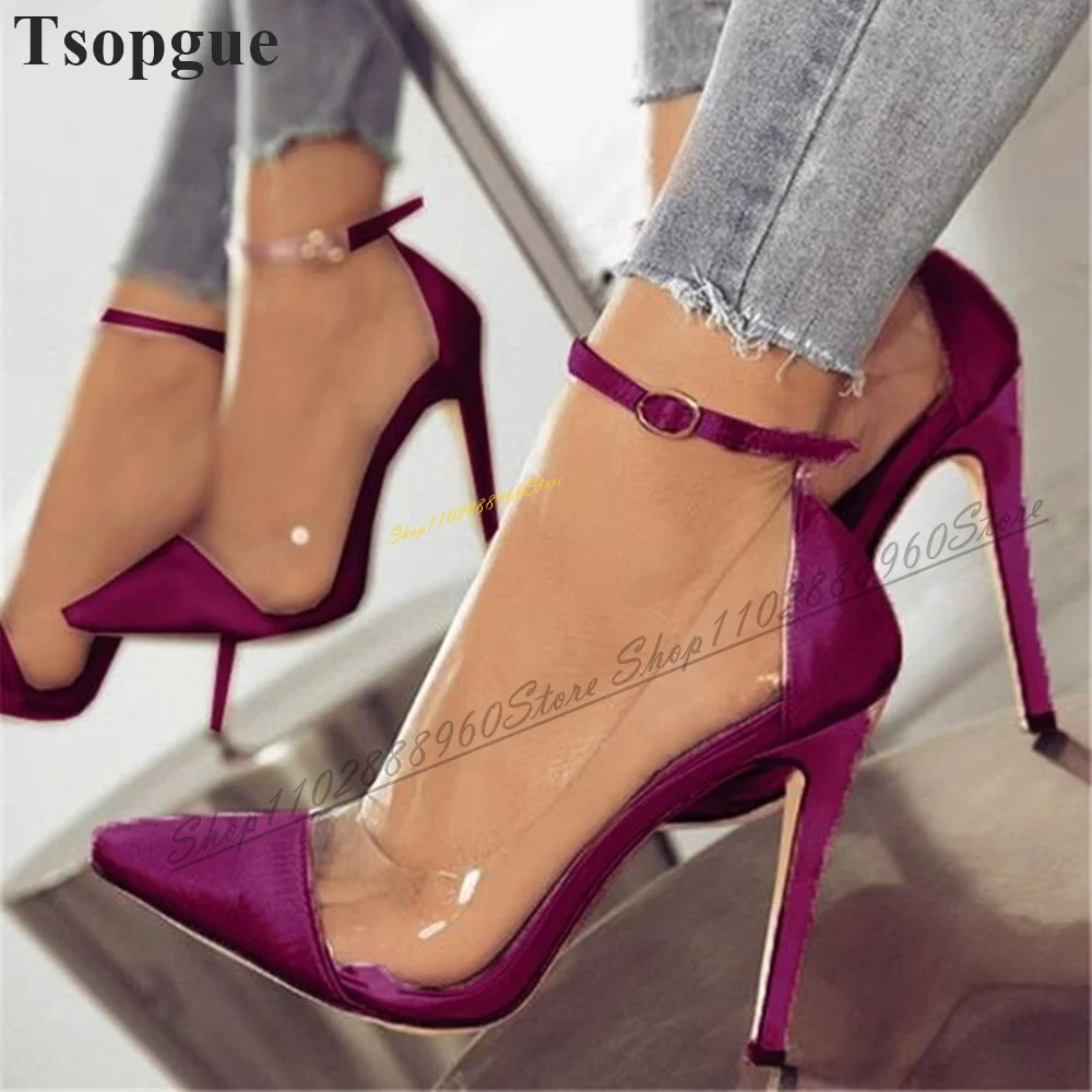 

Purple Silk Clear PVC Patchwork Pumps Thin High Heel Women Shoes Ankle Buckle Strap Pointed Toe 2024 Fashion Zapatos Para Mujere