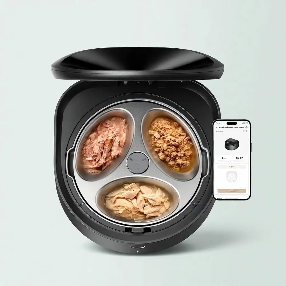 

Автоматическая кормушка для кошек с влажным кормом, новая версия 2026 года, с полупроводниковым охлаждением, охлаждение 3 порций еды на 3 дня, управление через приложение