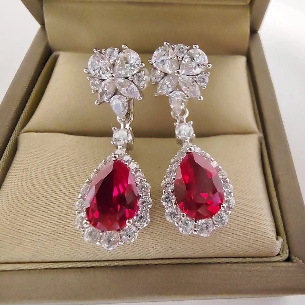 7*10MM Ruby 925 Earrings Woman OL Style Sterling Silver Jewelry Anniversary Birthday Party Gift