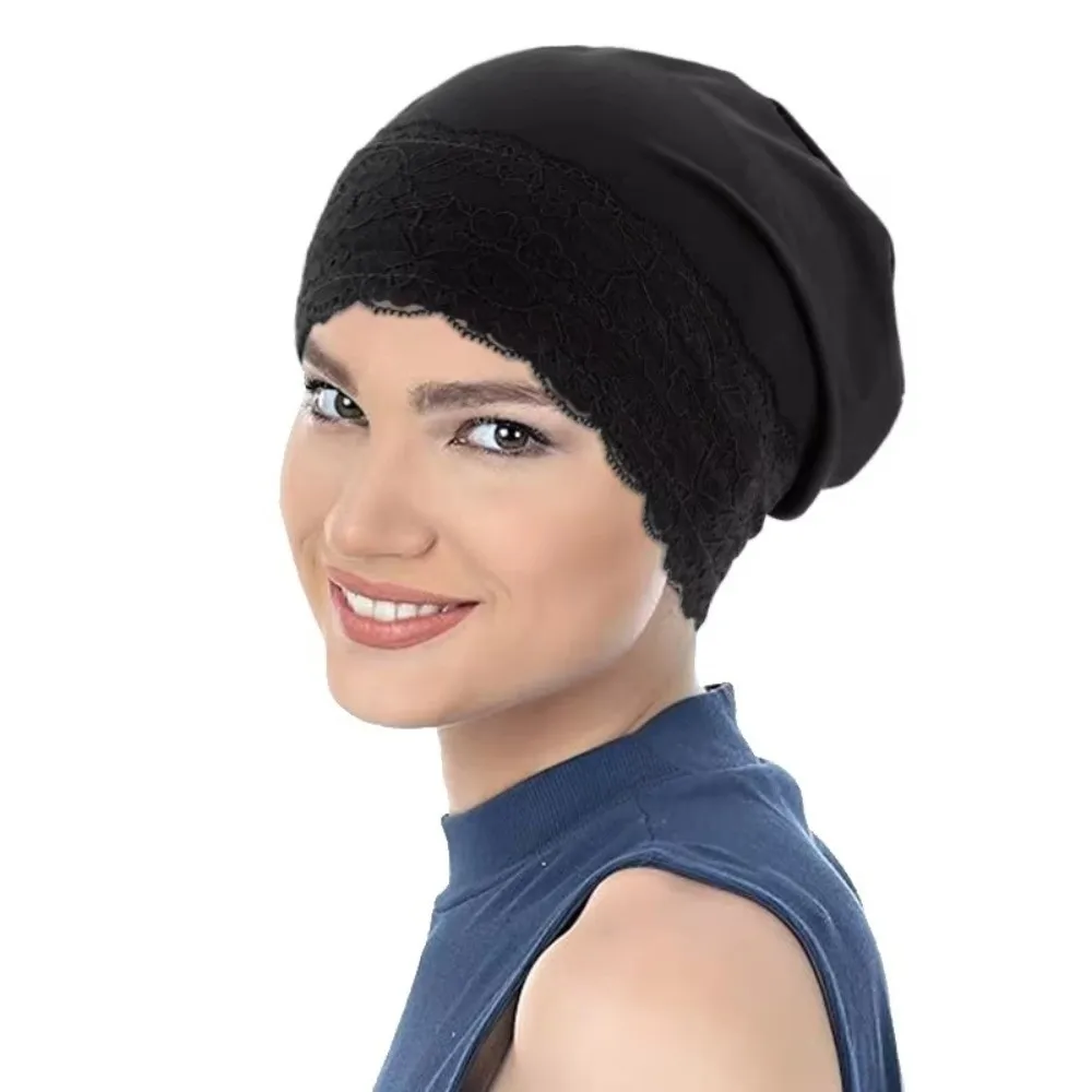 Lace Trim Slouchy Beanie Soft Elastic Breathable Fabric Sleep Cap Lightweight Design Stretch Fit Turban Head Wrap Sleeping