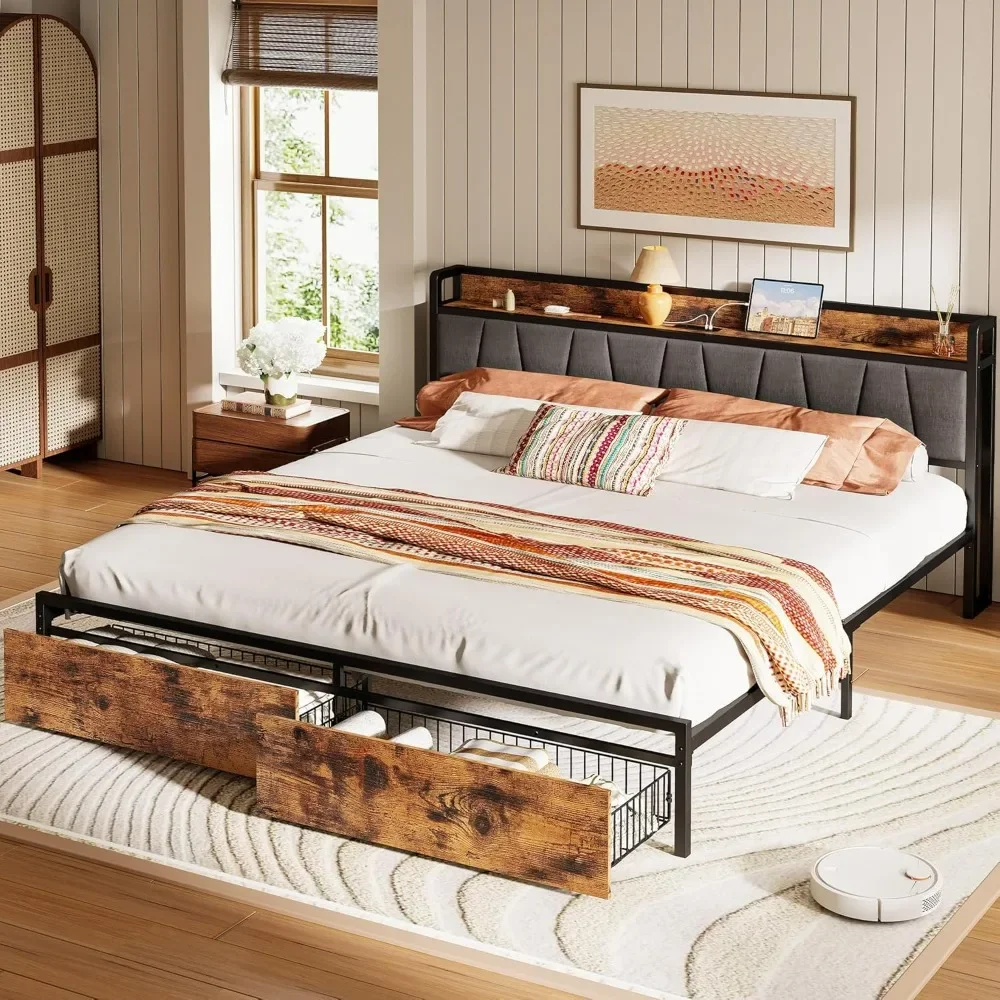 Storage headboard with charging station, drawers, no need for spring mattress, easy to assemble, vintage brown and gray