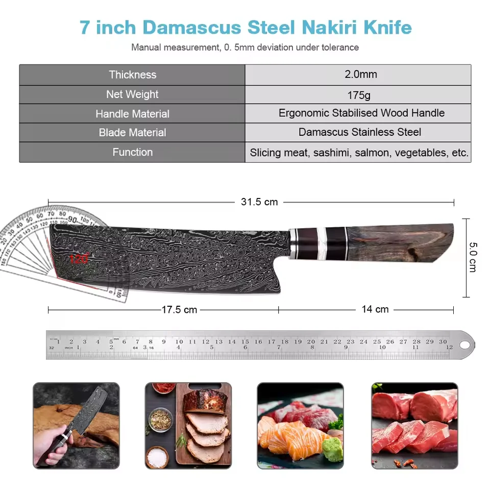 Japanese 7 Inch Nakiri Knife Sharp Meat Cleaver Kitchen Vegetable Knife Damascus Stainless Steel Black Blade Asian Cooking Knife