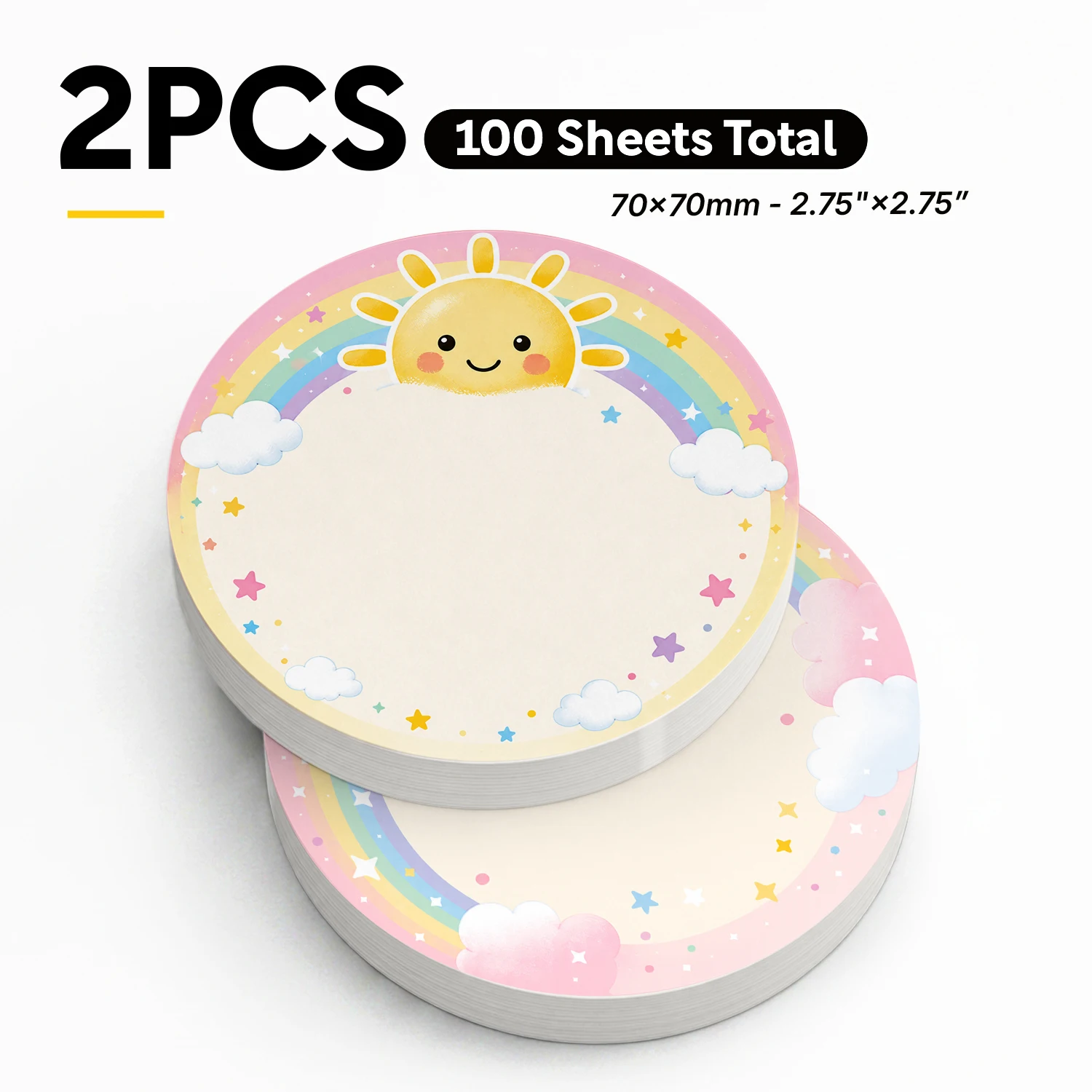 2PCS Cute Sun Rainbow Self Adhesive Sticky Notes 100 Sheets Cloud Star Round Memo Pads Colorful Office Stationery