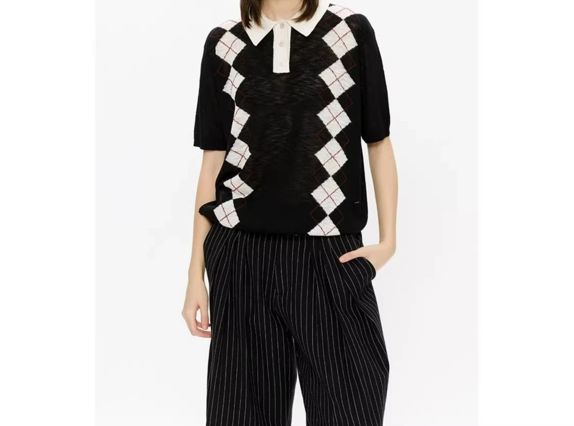 2026 New Grid Vertical Contrasting Color Casual Knitted Short-sleeved Polo Shirt Men's Summer