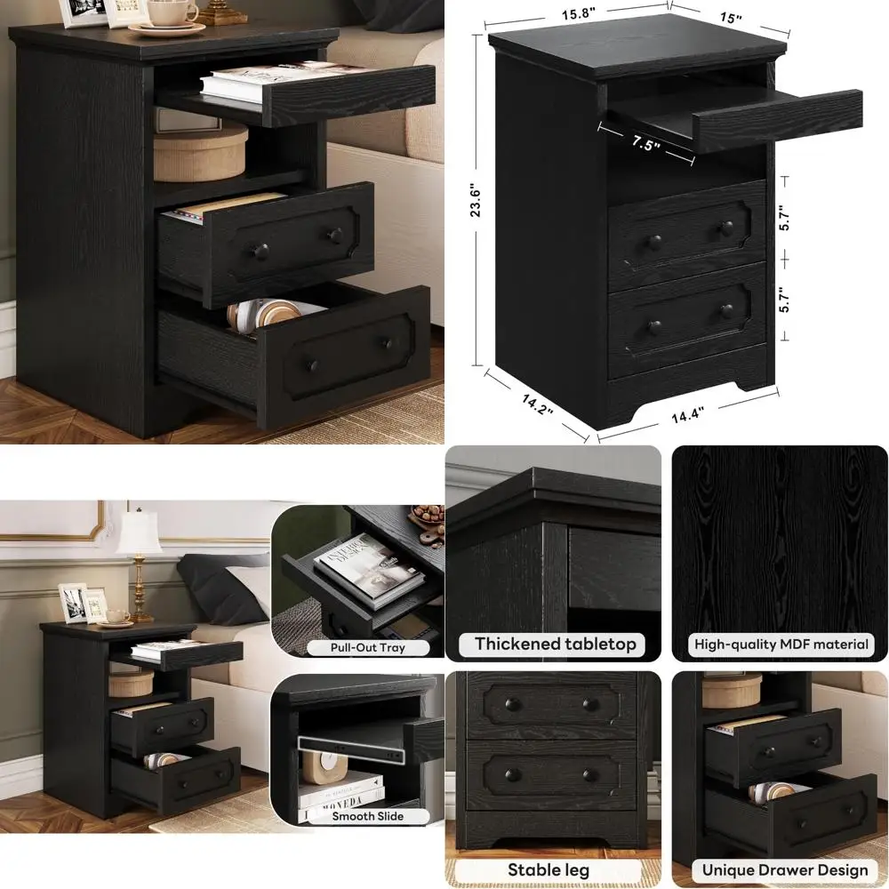 منضدة معاصرة ذات درجين مع رف مفتوح وصينية قابلة للسحب، وطاولة بجانب السرير خشبية سوداء