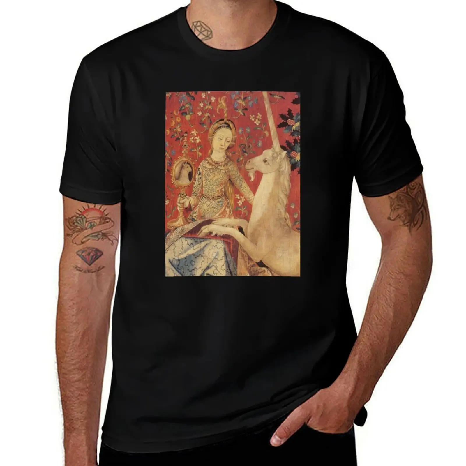 Lady and Unicorn Medieval Tapestry T-Shirt Simple Solid Color Crew Neck Tee T-Shirt
