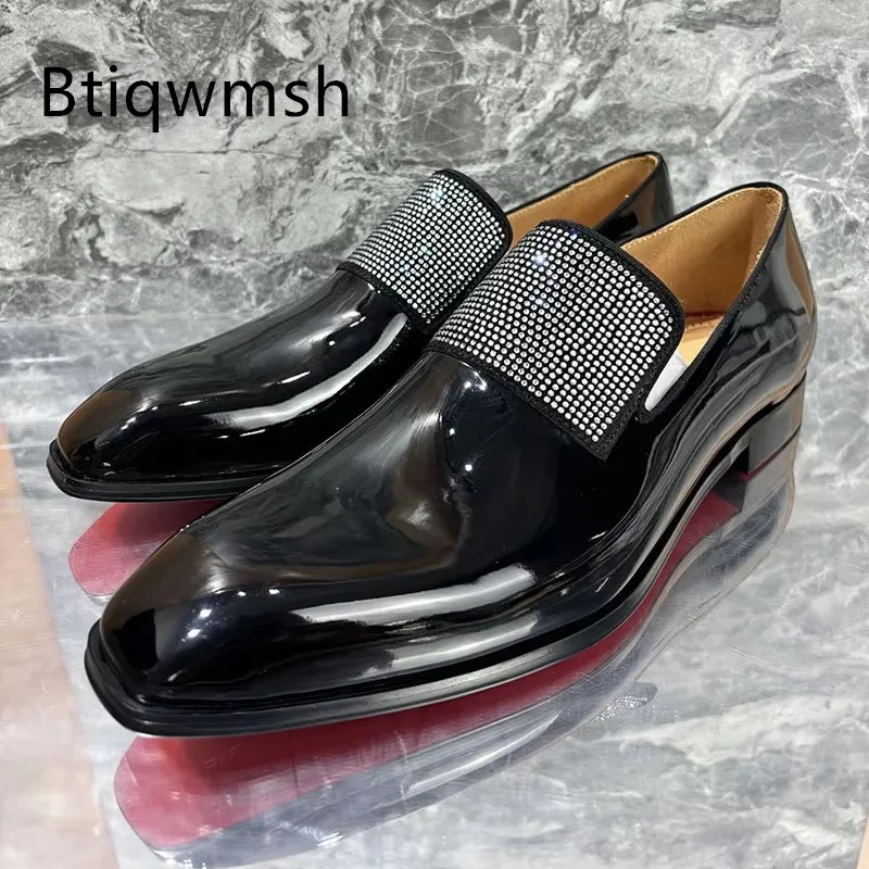 Luxury Rhinestone Shoes Man Pointed Toe Black Patent Leather Slip On Flats Lady Fashion Wedding Shoes