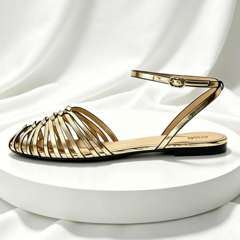Luxury Women's Gold  Metallic Woven Flat Sandals New Closed Toe Ankle Strap Gladiator Sandals Summer Casual Beach Vacation Shoes
