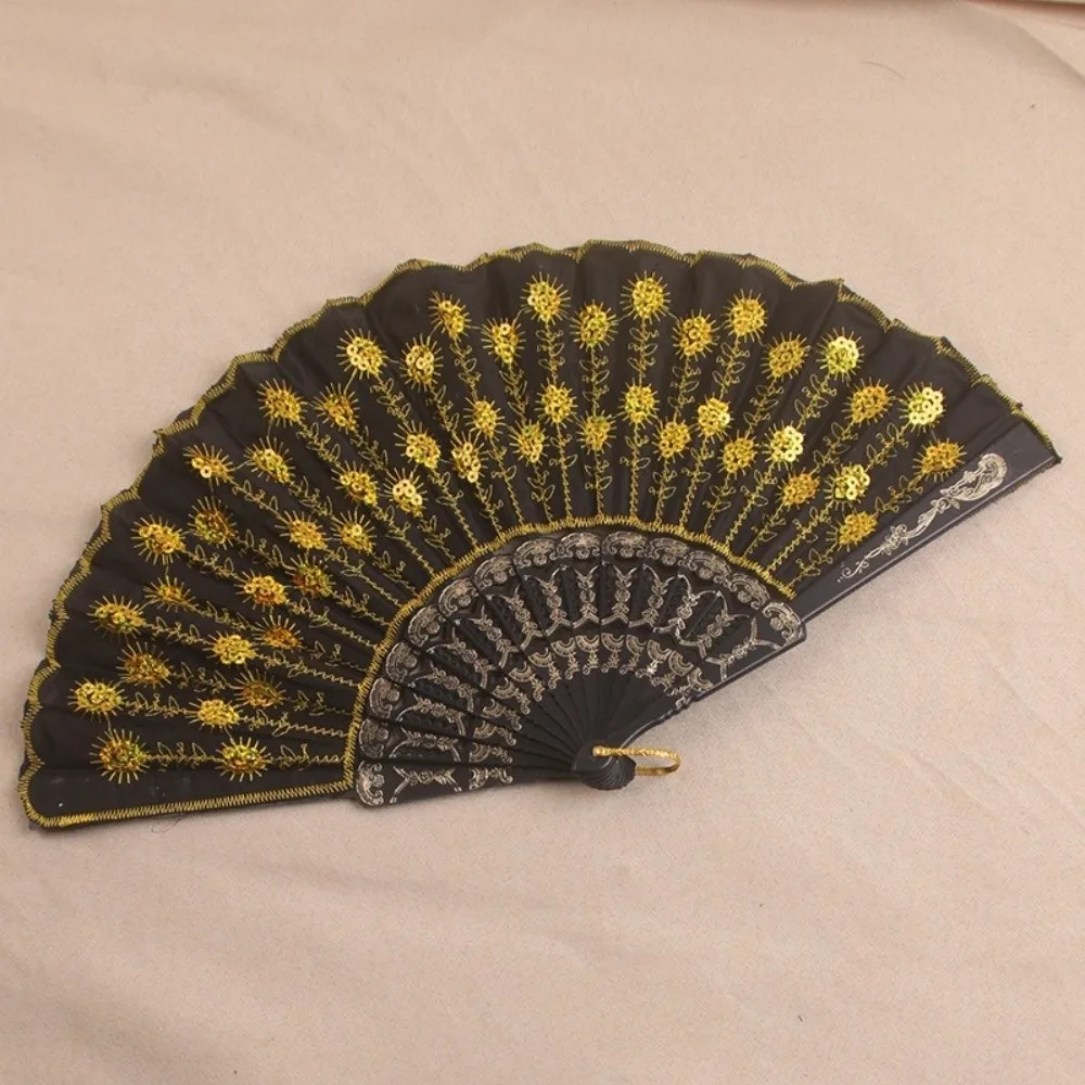 Sequin Embroidery Chinese Folding Fan Peacock Pattern Plastic Handheld Fan Folding Handheld Style Embroidery Fan Home Decor