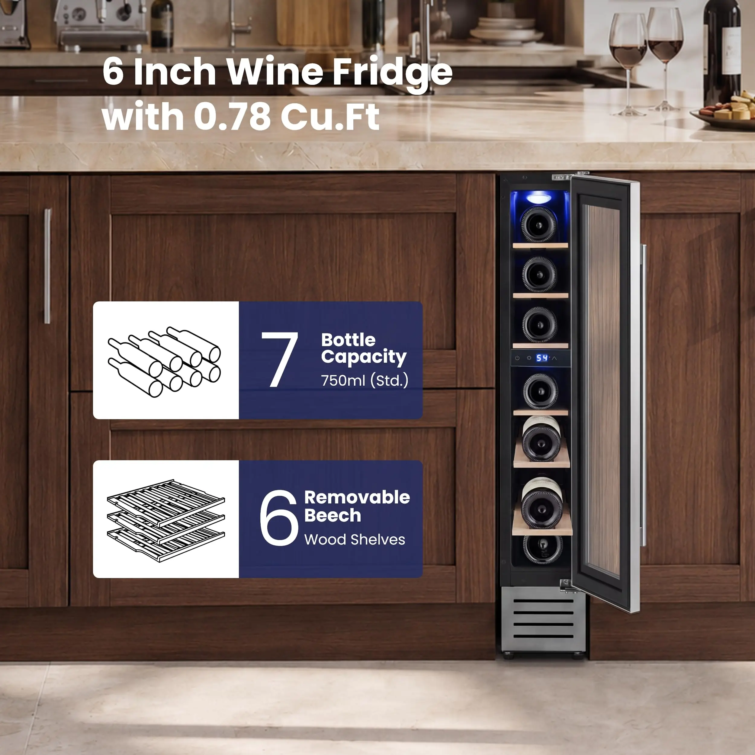 6 Inch Wine Fridge, 7 Bottle Wine Cooler with Right-Hinged