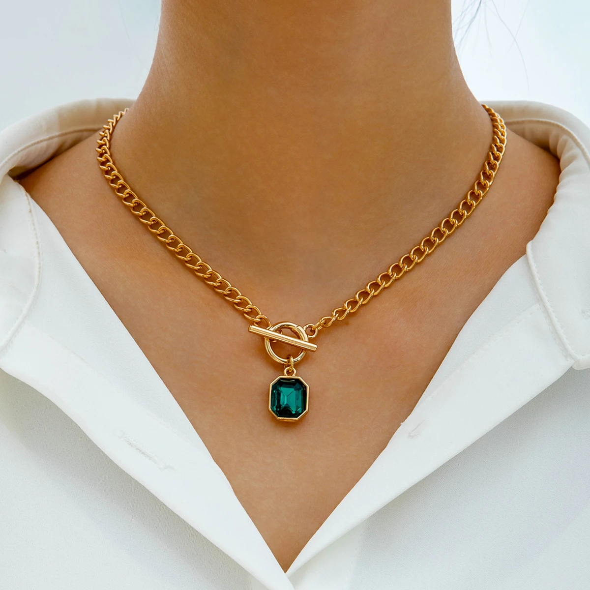 Docona Fashion Retro Metal Necklace Green Rhinestones Pendant Women's Summer Daily Banquet Jewelry Accessories