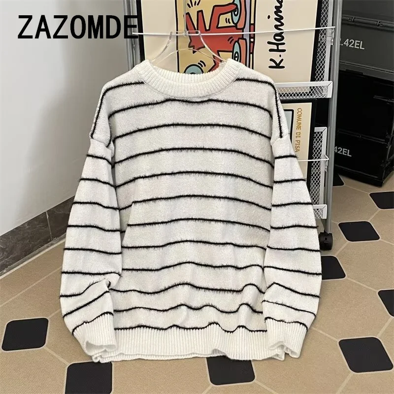 ZAZOMDE Harajuku Autumn Winter Striped Pullover Knitted Sweater Men\'s Loose Casual High Street Tops Sweaters Male Clothes 2024