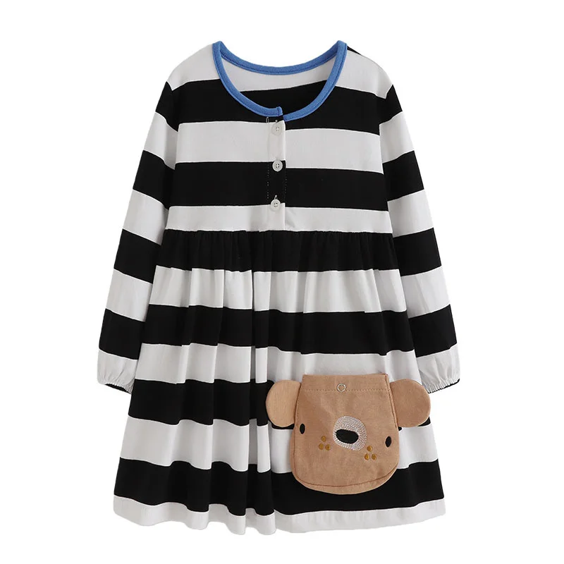 

3-8T Long Sleeve Princess Girls Dresses Striped Fashion Children's Clothes Buttons Autumn Spring Party Fashion Kids Frocks