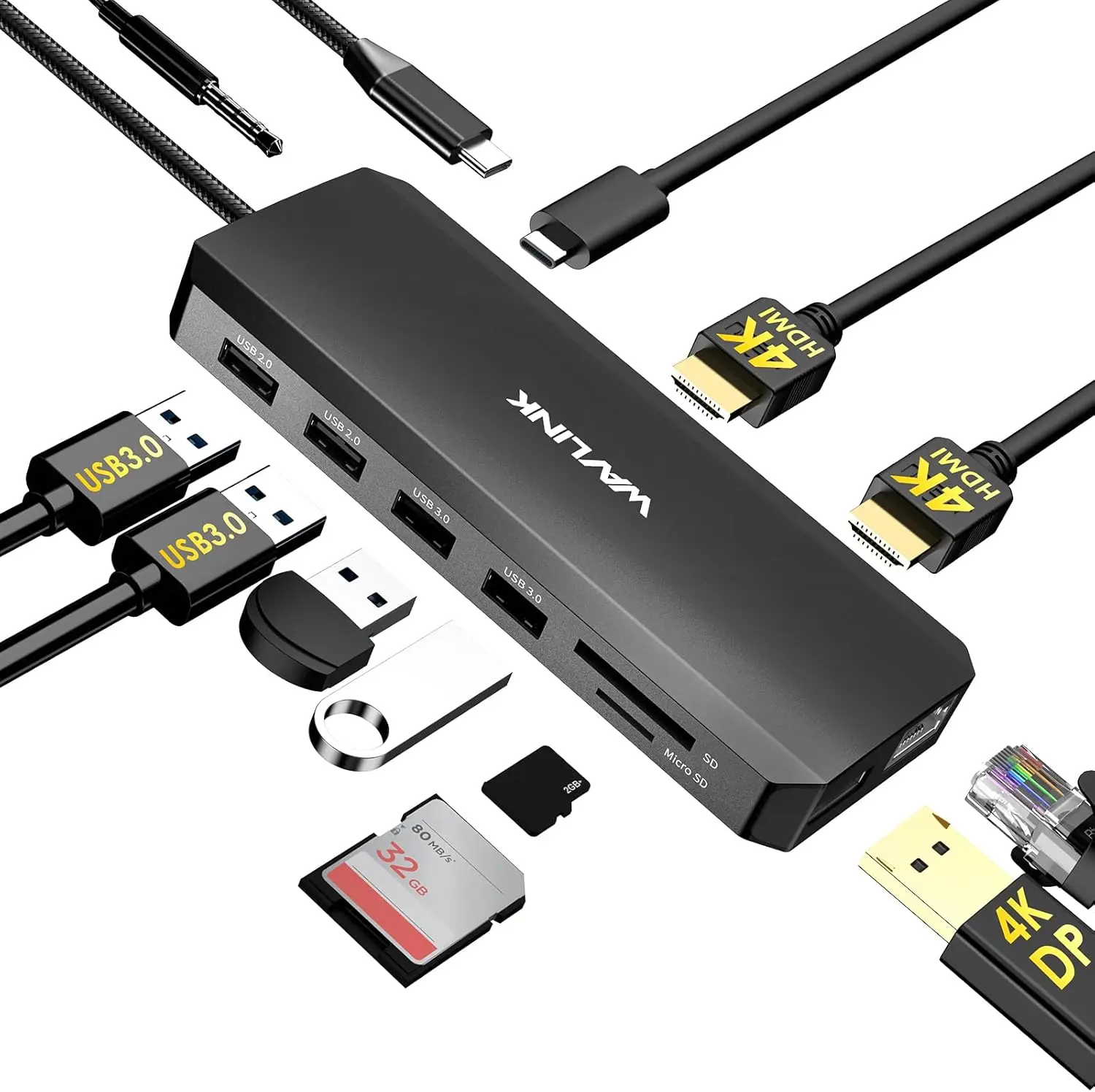 

Dual Monitor Docking Station with Triple Display,USB C Hub,2 HDMI,DisplayPort,100W PD, Gigabit Ethernet,USB Ports & Card Reader