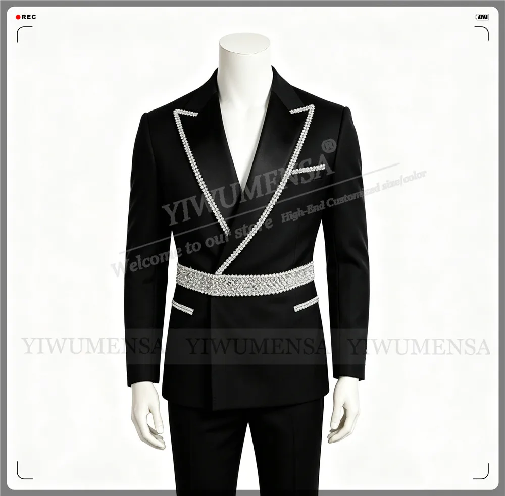 Unique Design Suit Men For Wedding Slim Fit Diamond Beaded Jacket Pants 2 Pieces Sets Groom Tuxedos Slim Fit Terno Masculinos