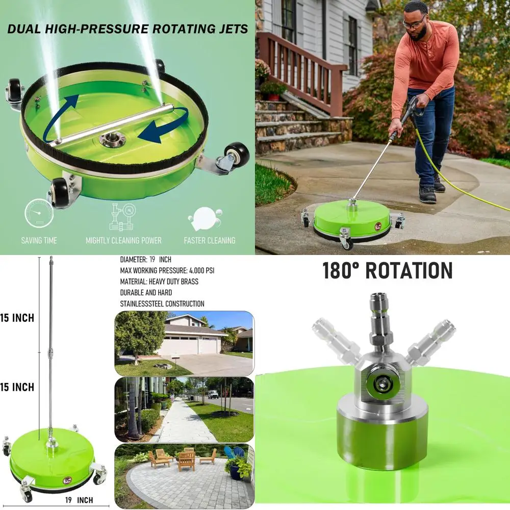 

Зеленый очиститель поверхностей из нержавеющей стали с 4 колесами для подъездных дорог, тротуаров и патио, 4000 PSI, быстроразъемное соединение 1/4, 2-E