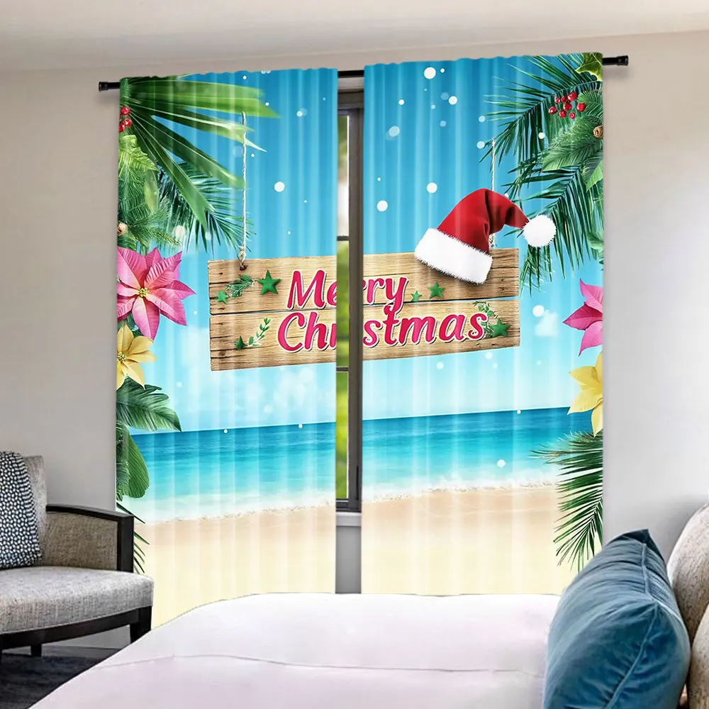 

2Pcs Christmas Curtains Christmas In Hawaiian Holidays Christmas Beach Suitable For Bedroom Living Room Dining Room Holiday