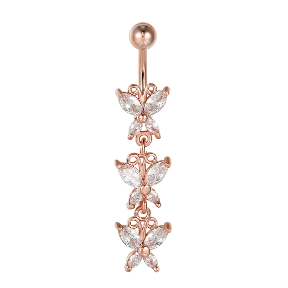 Clear Zircon Butterfly Belly Button Rings Sexy Women Accessory Rose Golden Navel Bar 16G Stainless Steel Body Piercing Jewelry