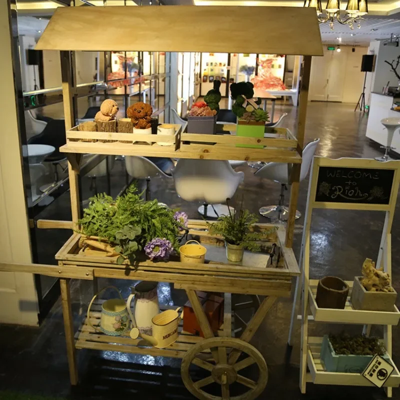 Solid wood float pastoral country retro log push float flower shop cafe decorative storage rack rack