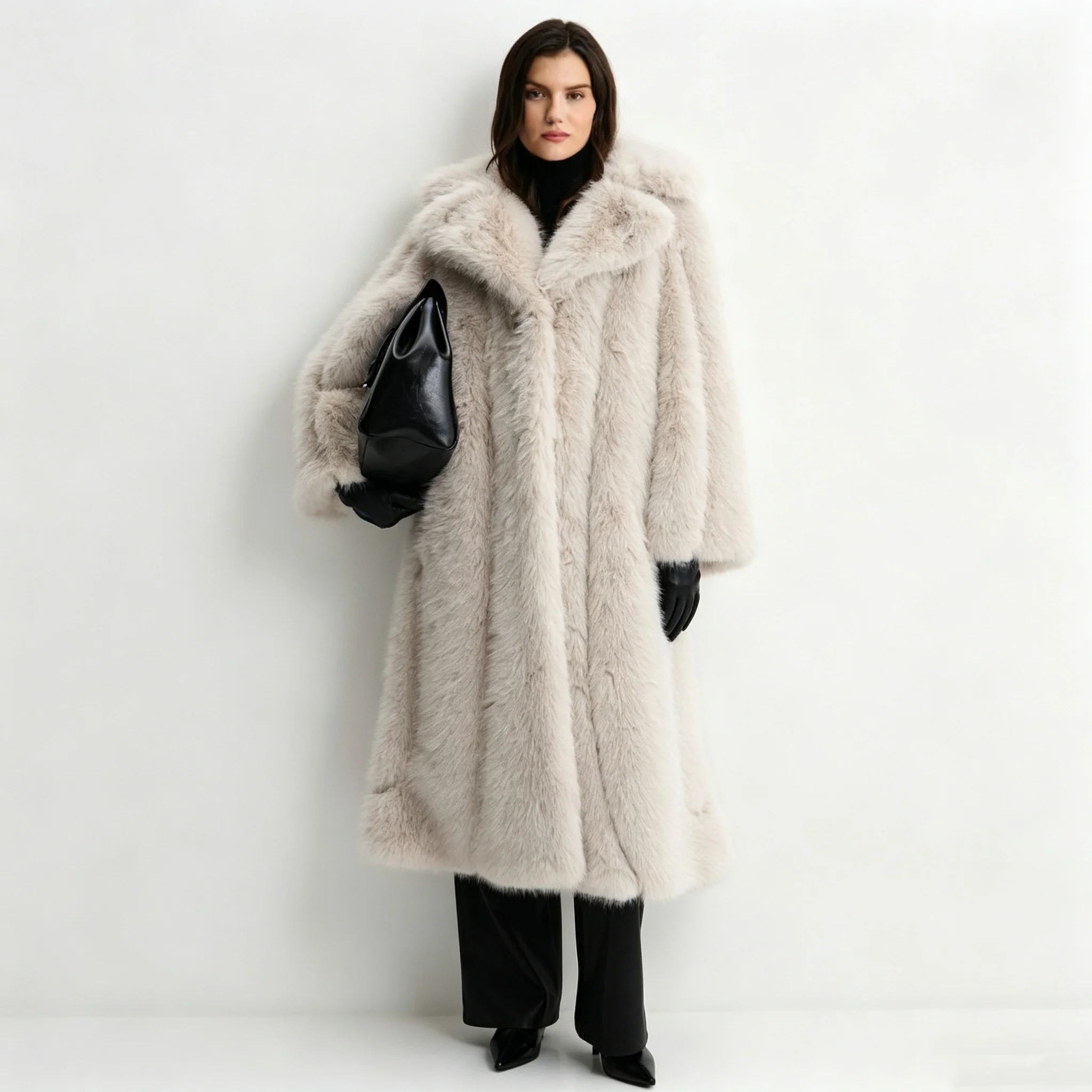 RU Women Faux Fur Long Coat Wide Lapel Collar Thick Warm Plush Autumn Winter Loose Fashion Outerwear Jacket
