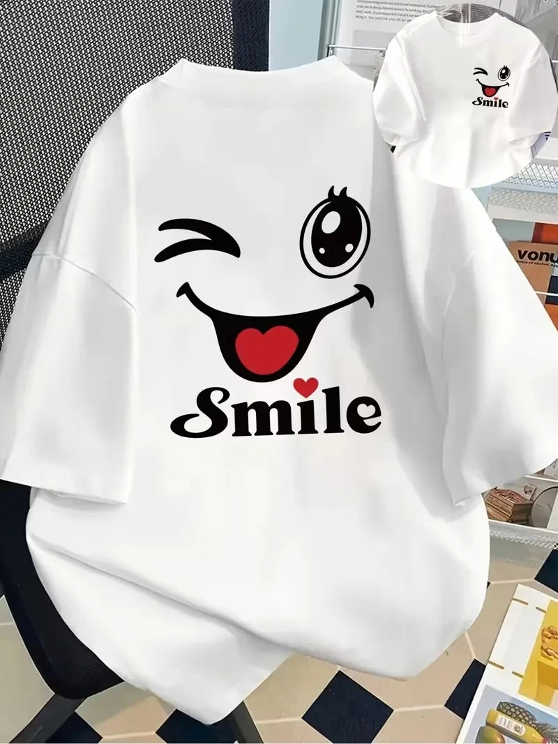 Colorful Smile Smiley Face Graphic T-Shirt, Casual Crew Neck Short Sleeve Top,Front & Back Print Happy Positive Slogan Promo Tee