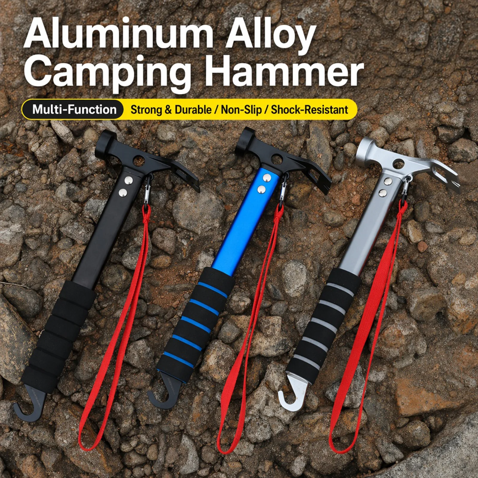 3-In-1 Heavy Duty Camping Hammer with Sponges Handle Nail Puller Hammer Non-Slip Useful Convinient Hammers for Outdoor Emergency