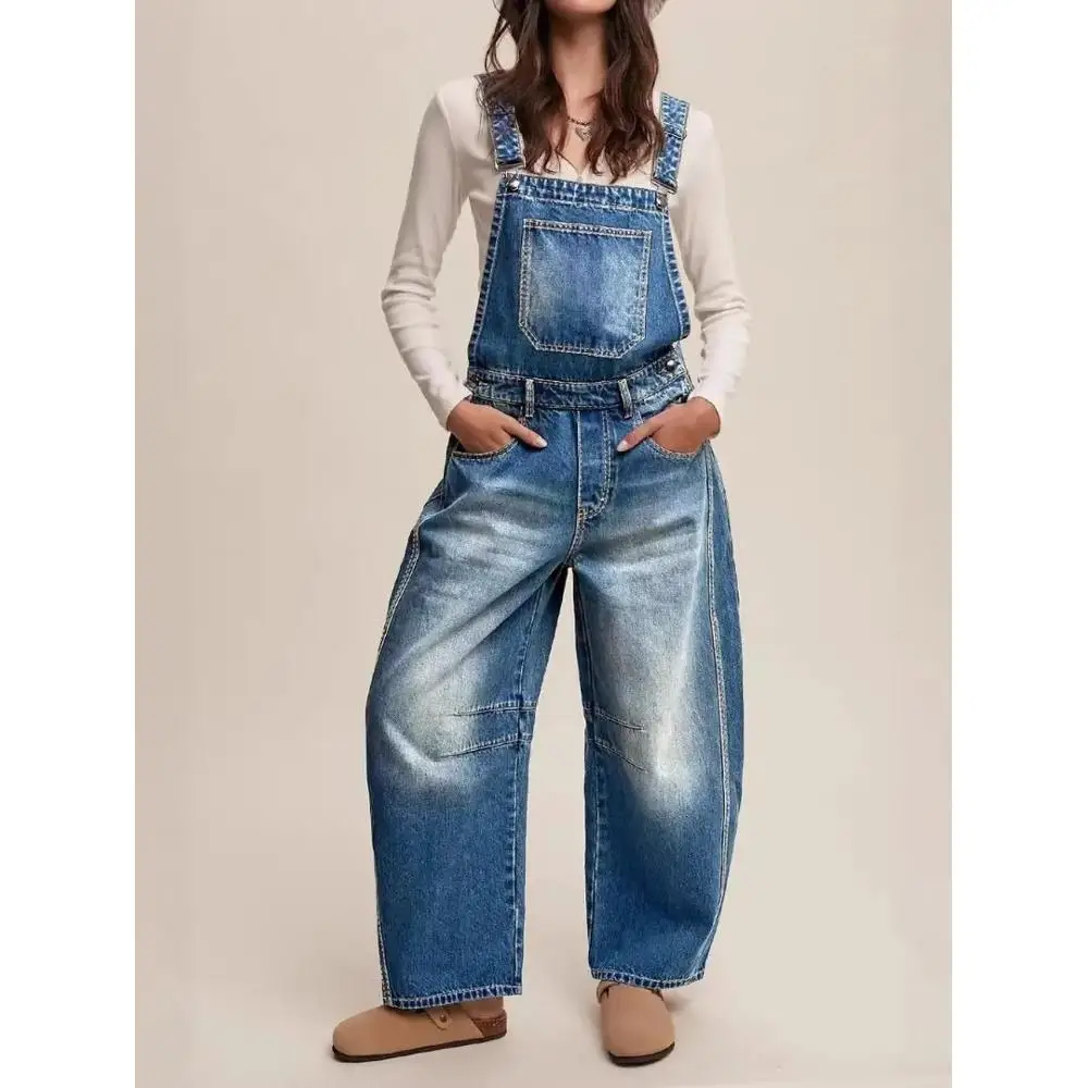 

Women's denim overalls, trendy streetwear loose casual wide-leg jumpsuit, heavily washed denim jeans