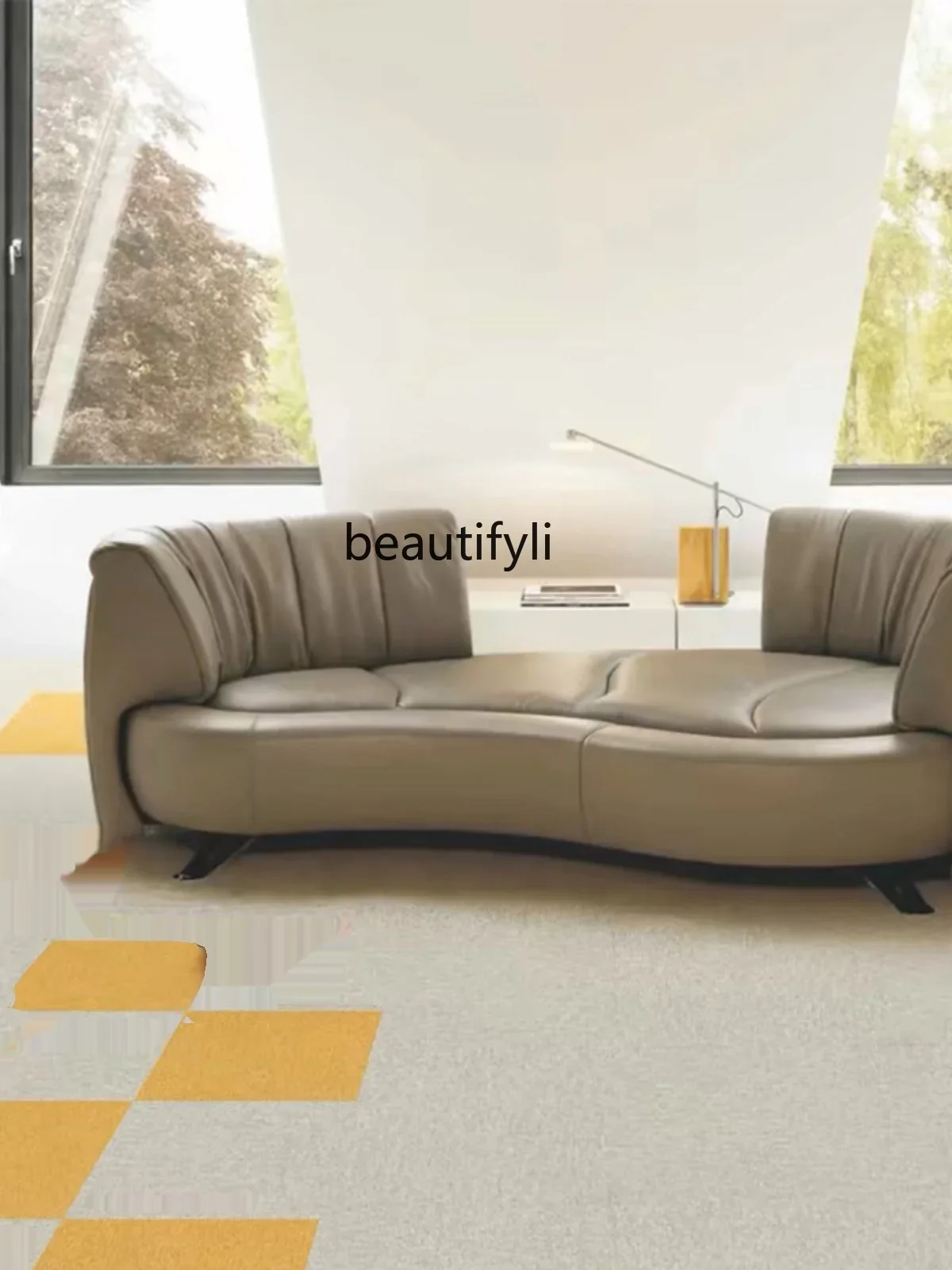 360-Degree Rotating Backrest Curved Push-Pull Movable Leather Three-Seat Sofa